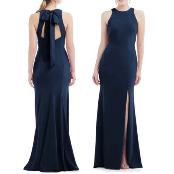 Dessy Collection Vivian Diamond Blue Midnight Bow-Back Trumpet Gown NWT Size 2 R - Picture 1 of 9